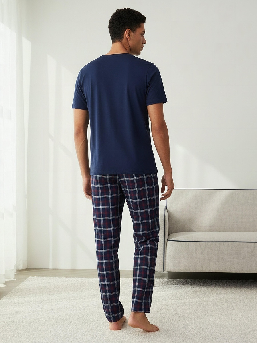 Men Cotton Checked Nightwear Set