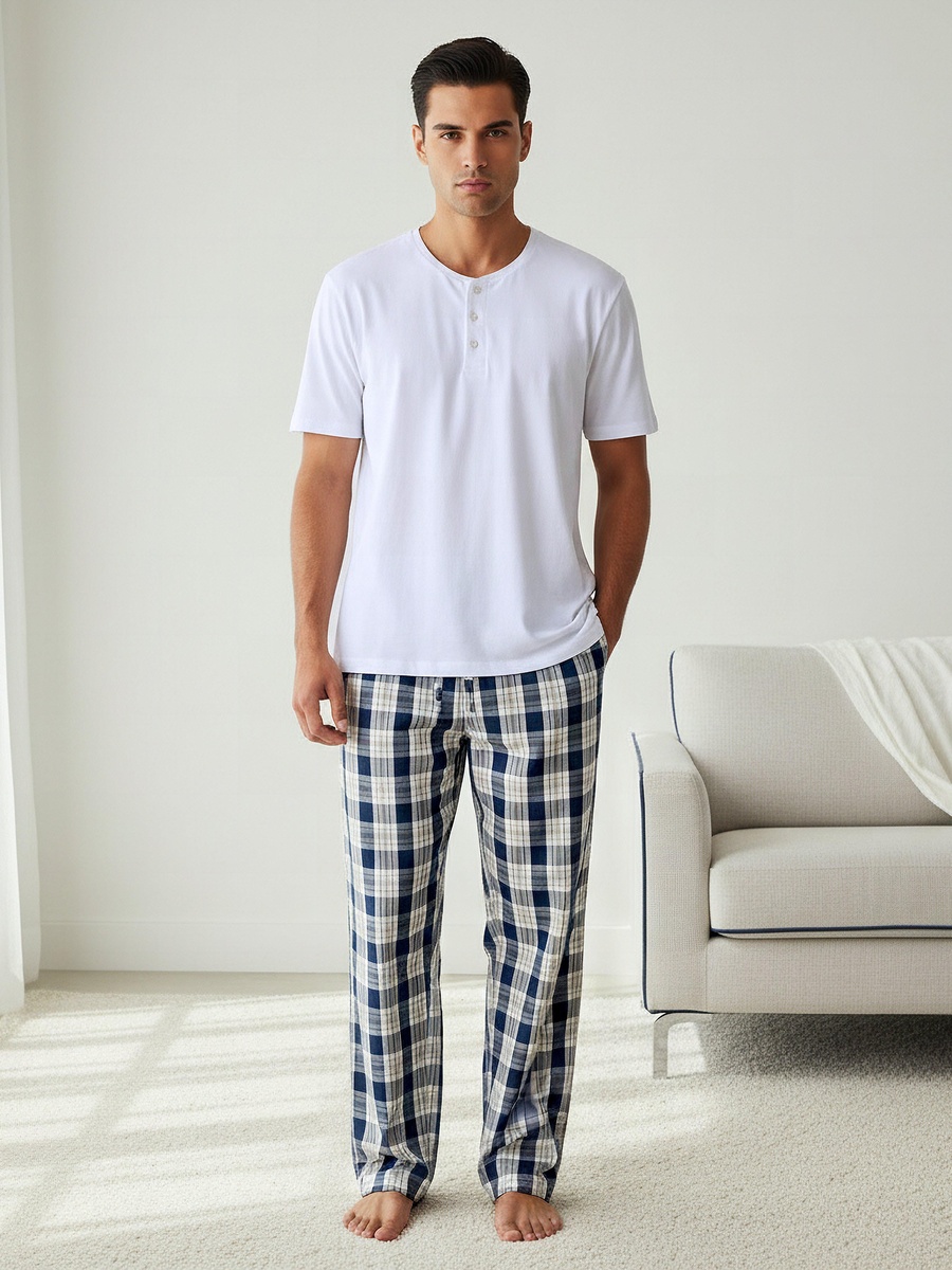 Men Cotton Checked Nightwear Set