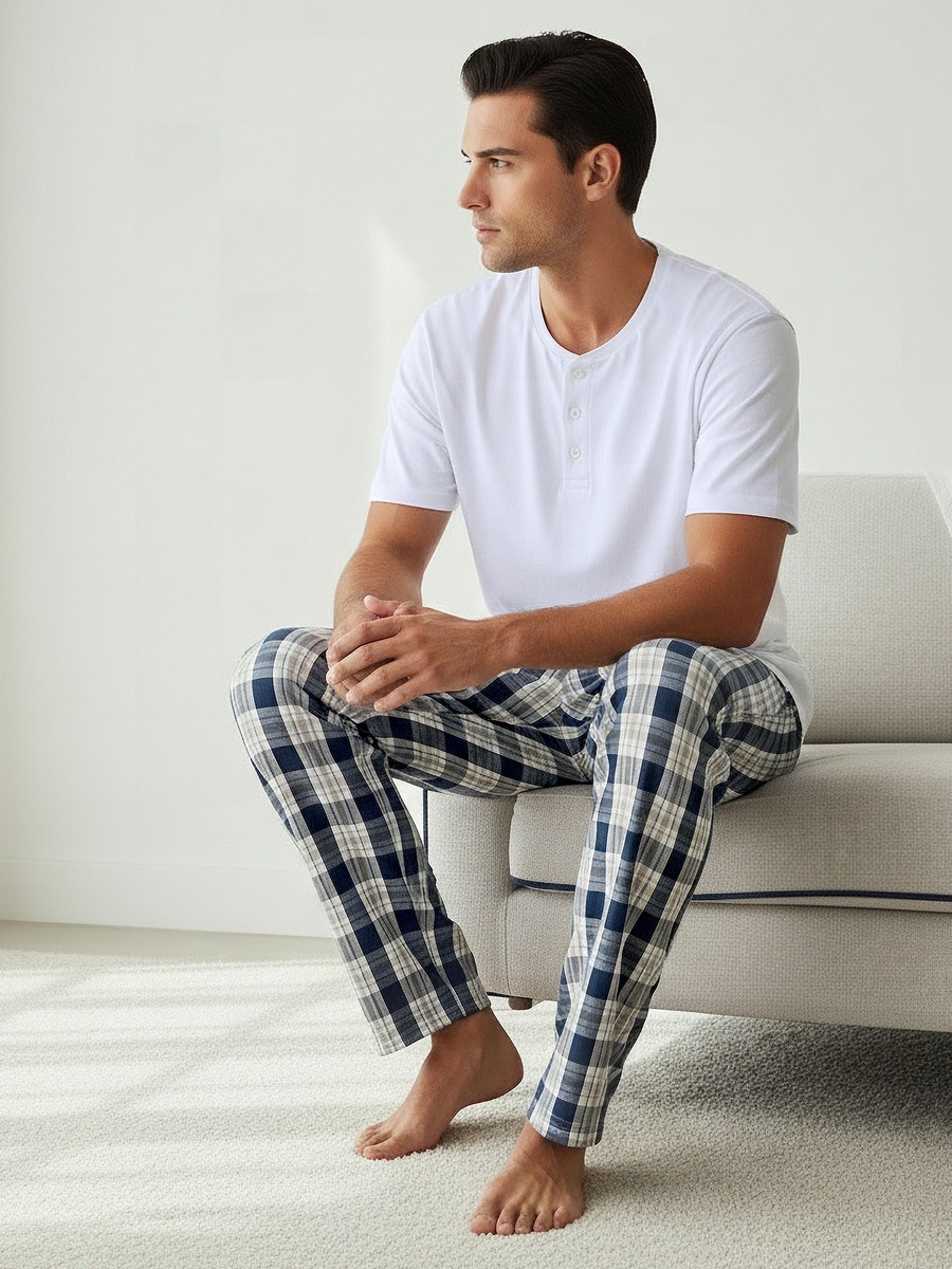 Men Cotton Checked Nightwear Set