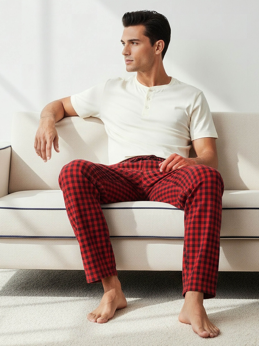 Men Cotton Checked Henley Neck Nightwear Set