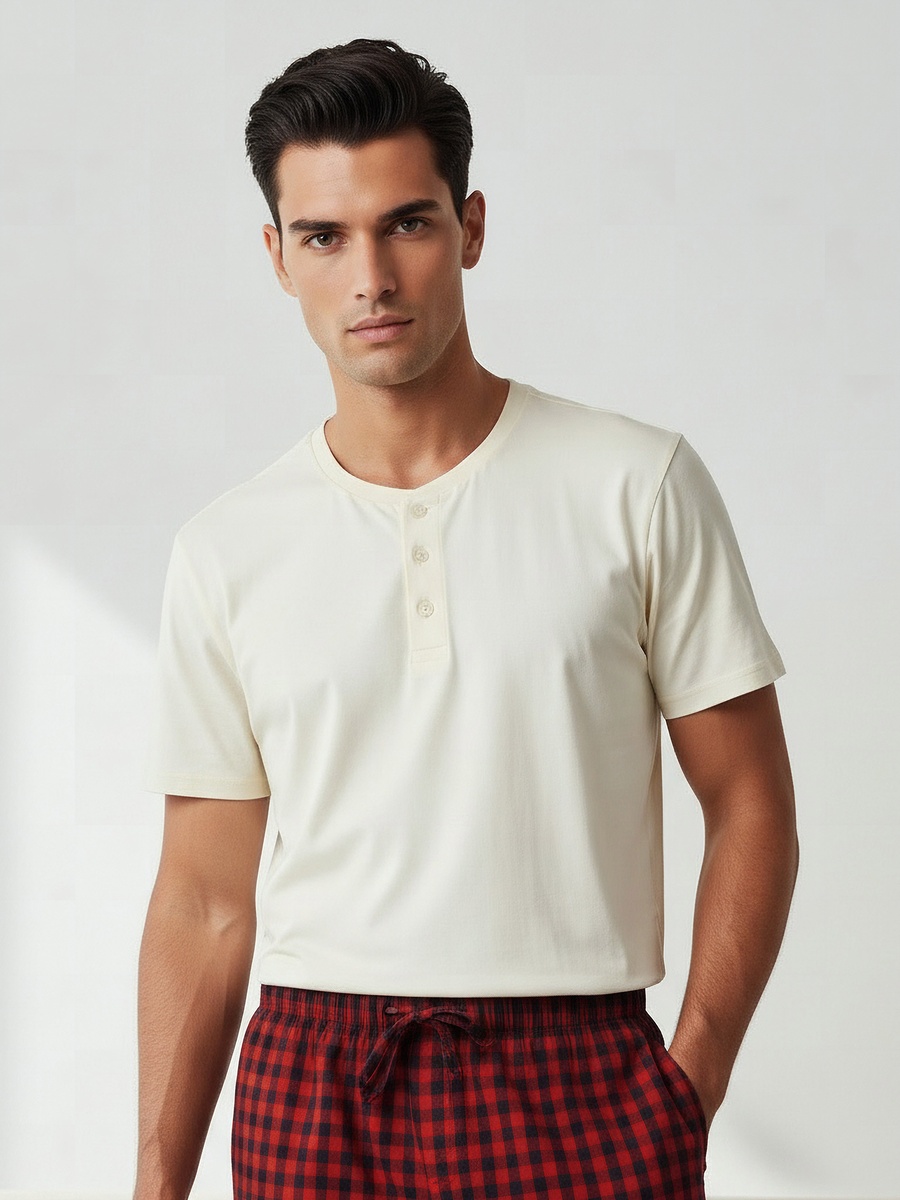 Men Cotton Checked Henley Neck Nightwear Set