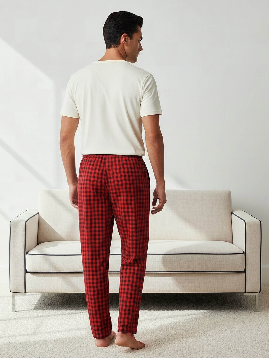 Men Cotton Checked Henley Neck Nightwear Set