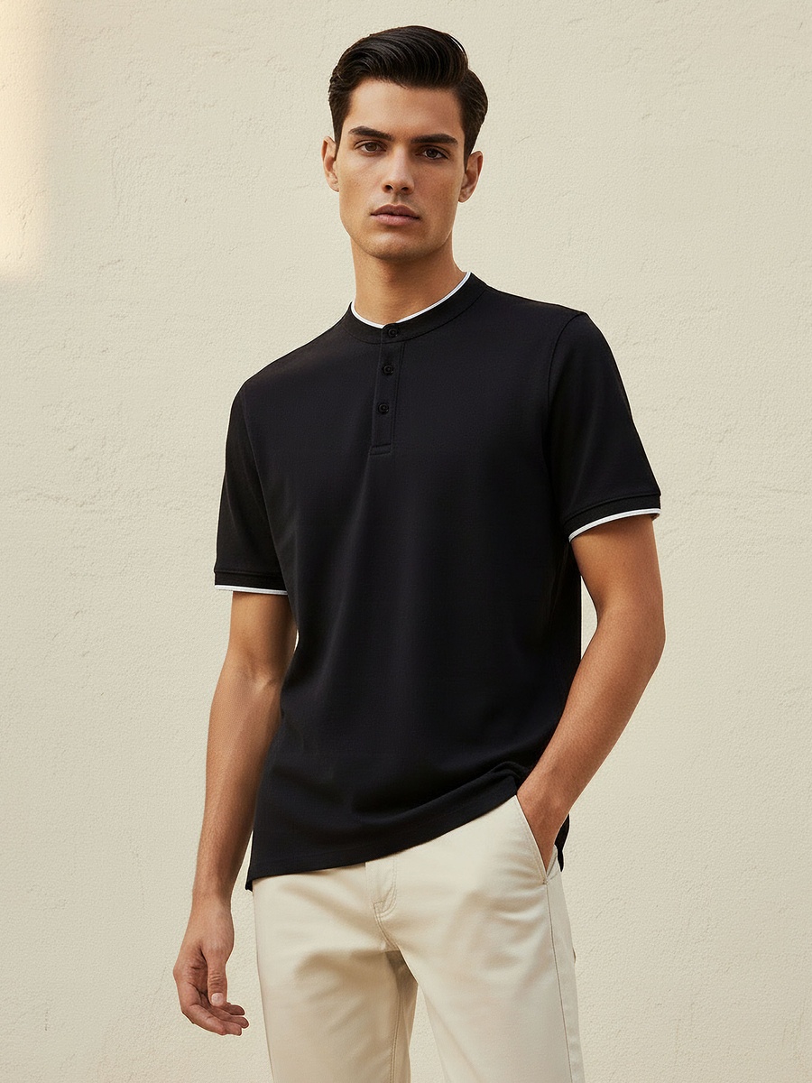 Men Short Sleeves Mandarin Collar Polo T-Shirt