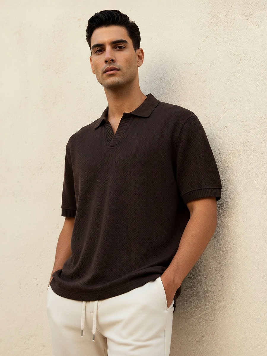 Men Short Sleeves Johnny Collar Jacquard Polo T-Shirt