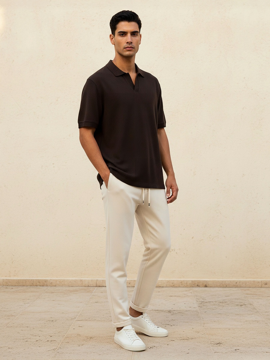 Men Short Sleeves Johnny Collar Jacquard Polo T-Shirt