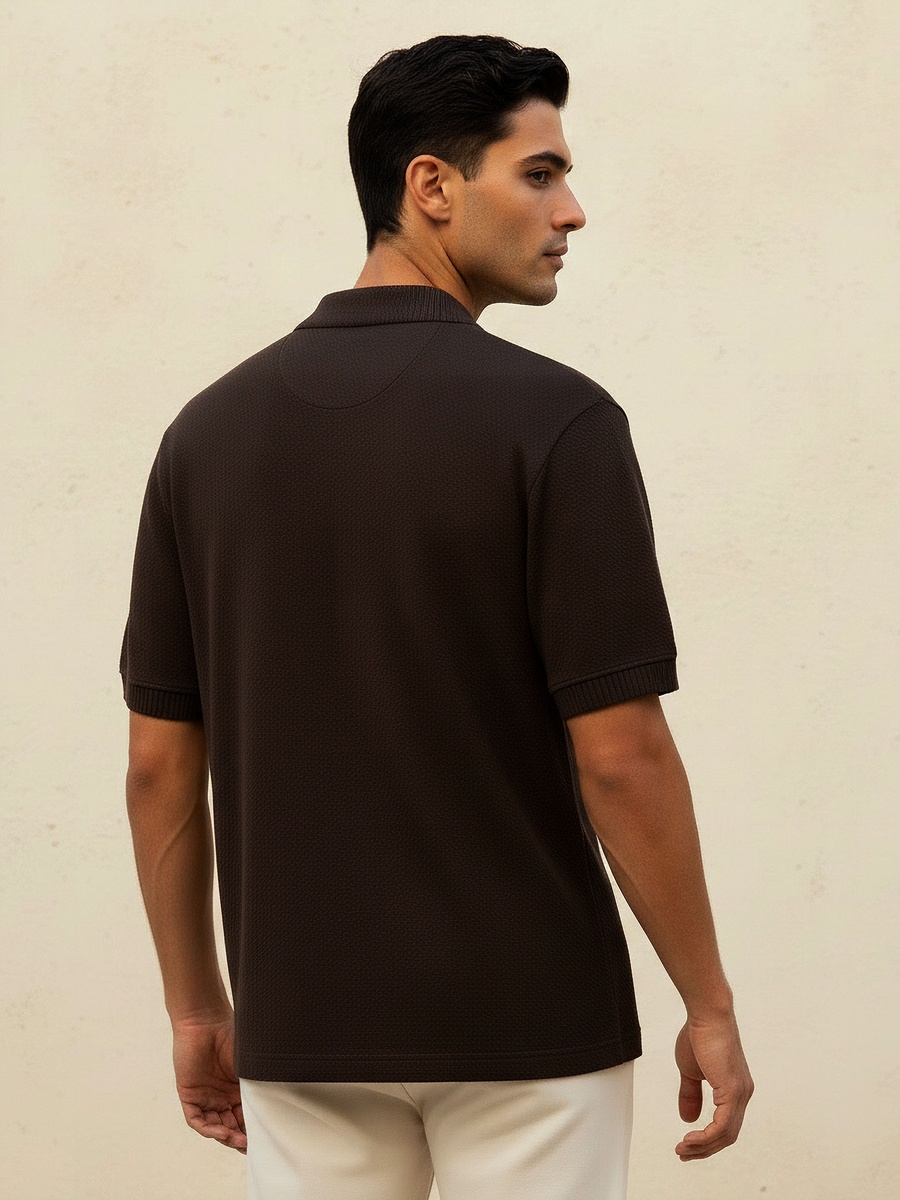 Men Short Sleeves Johnny Collar Jacquard Polo T-Shirt