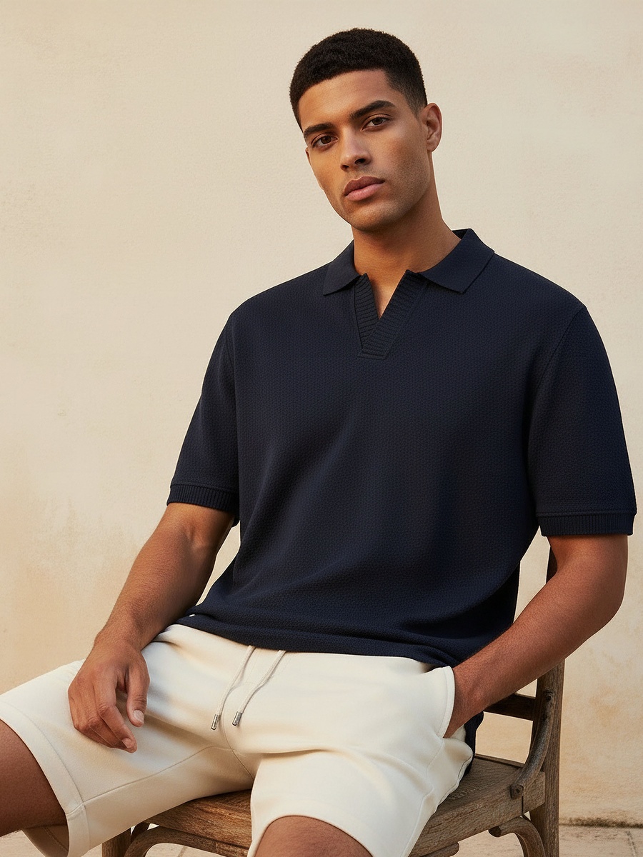 Men Short Sleeves Johnny Collar Jacquard Polo T-Shirt