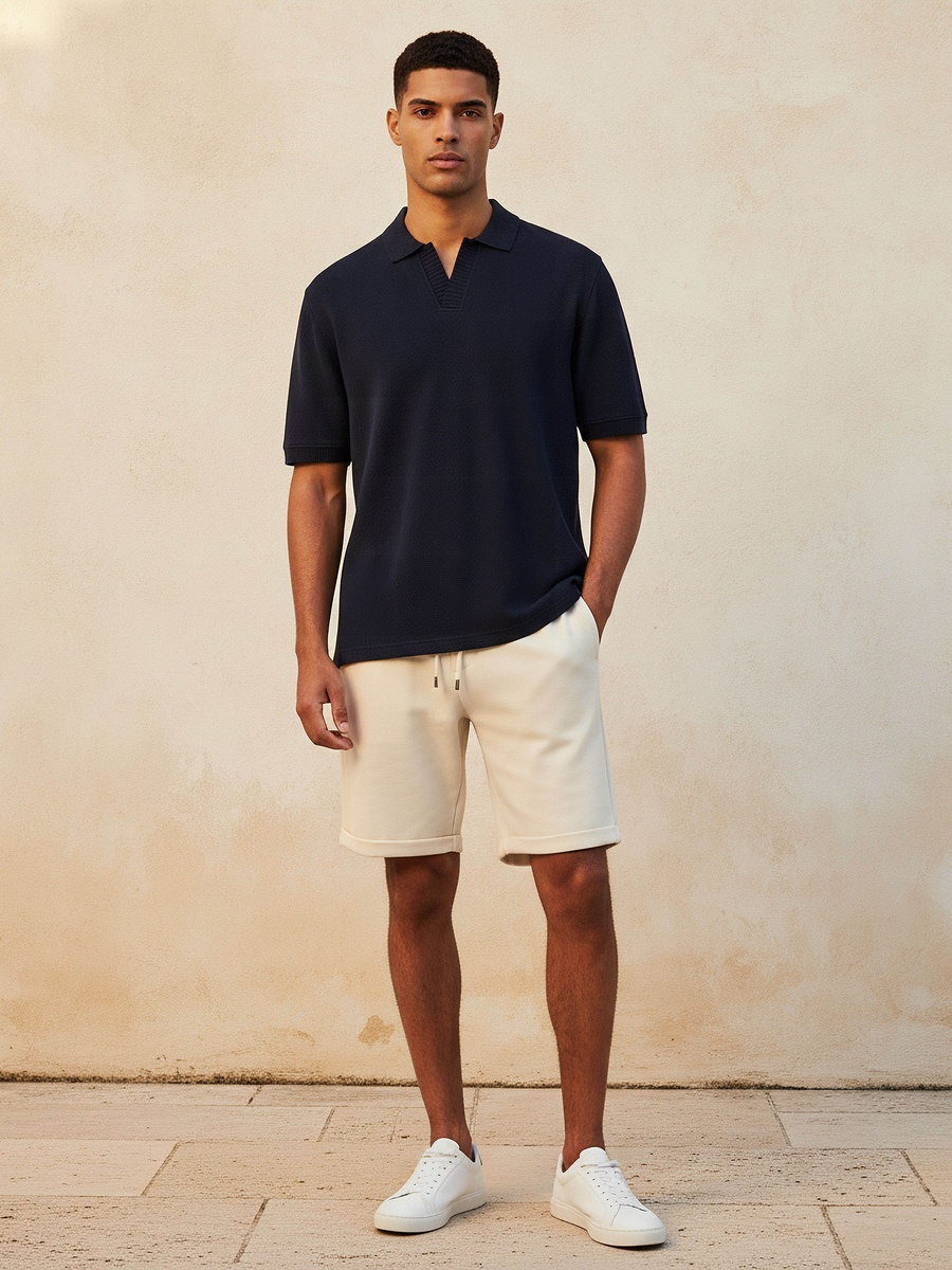Men Short Sleeves Johnny Collar Jacquard Polo T-Shirt