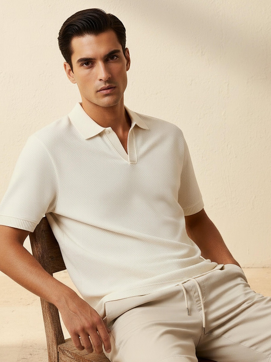 Men Short Sleeves Johnny Collar Jacquard Polo T-Shirt