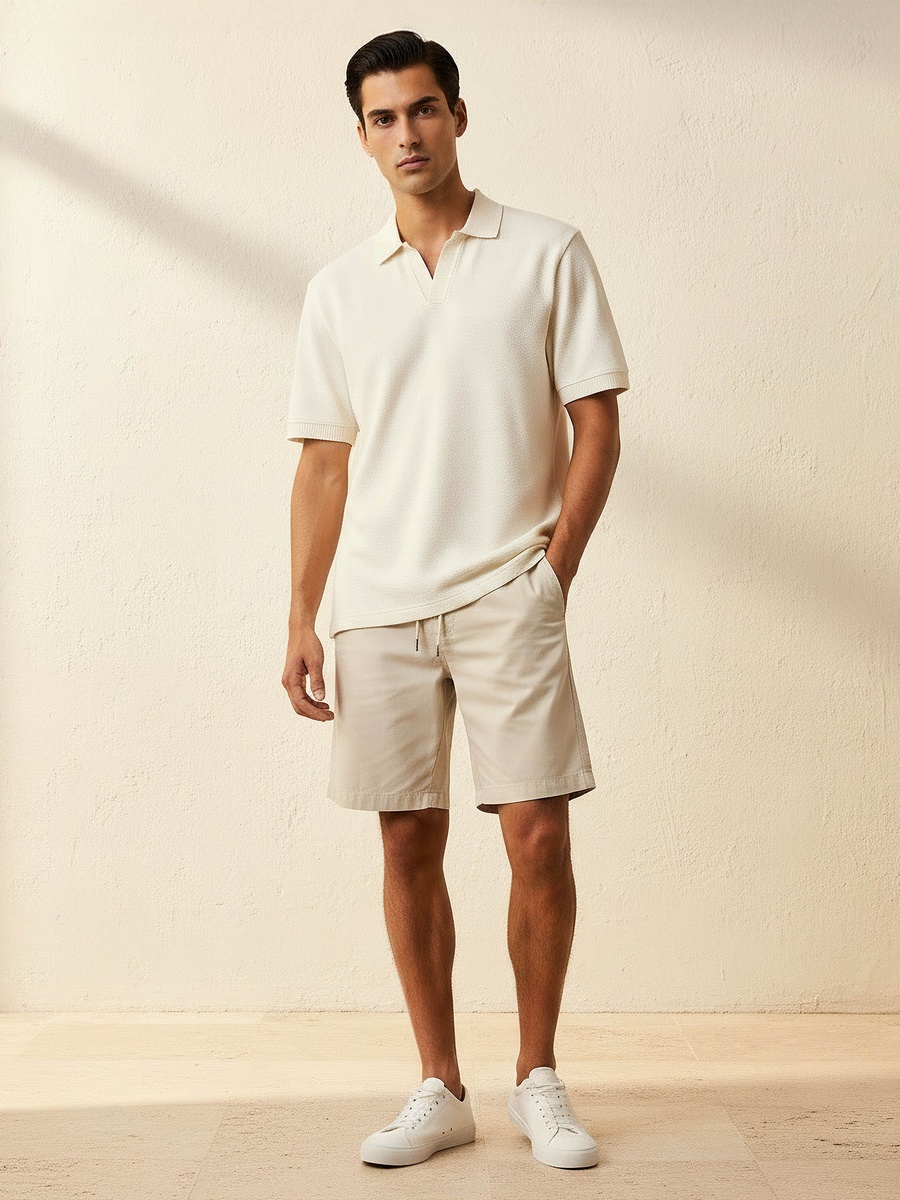 Men Short Sleeves Johnny Collar Jacquard Polo T-Shirt