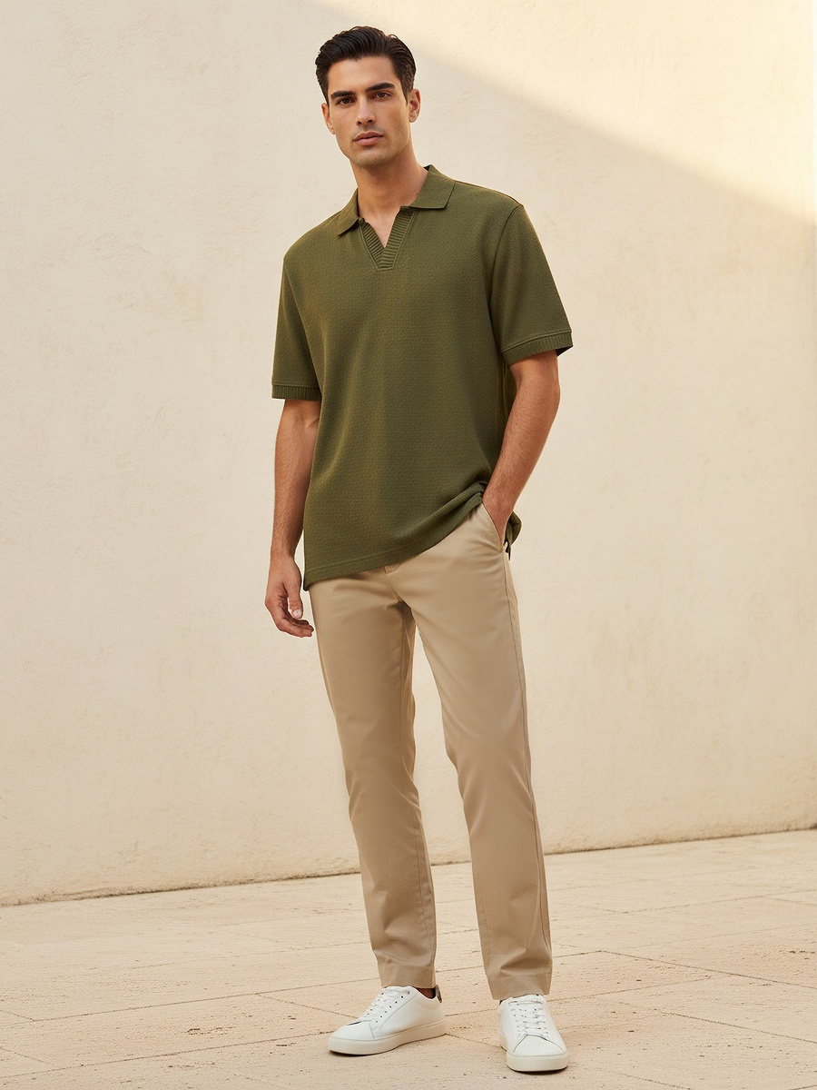 Men Short Sleeves Johnny Collar Jacquard Polo T-Shirt
