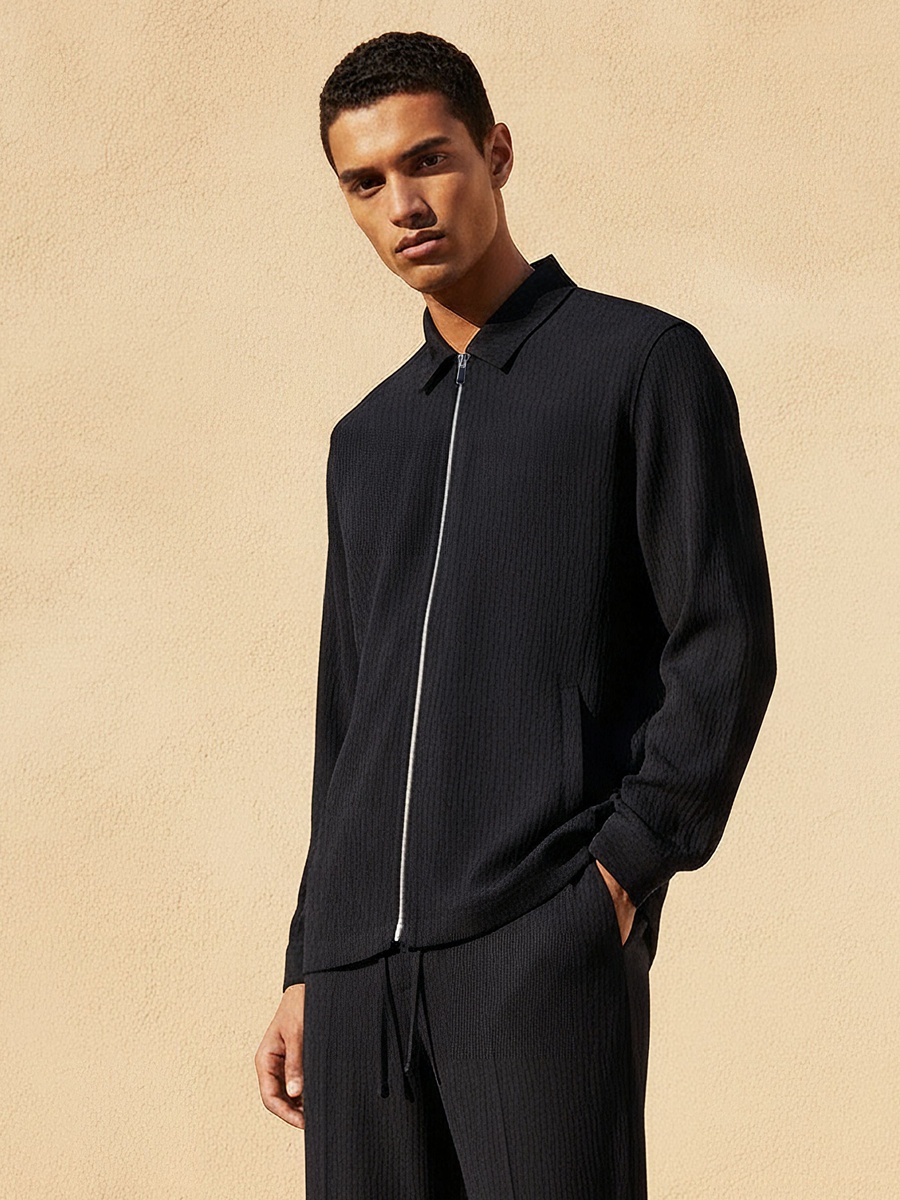 Men Regular Fit Collared Long Sleeves Crinkle Textured Shirt