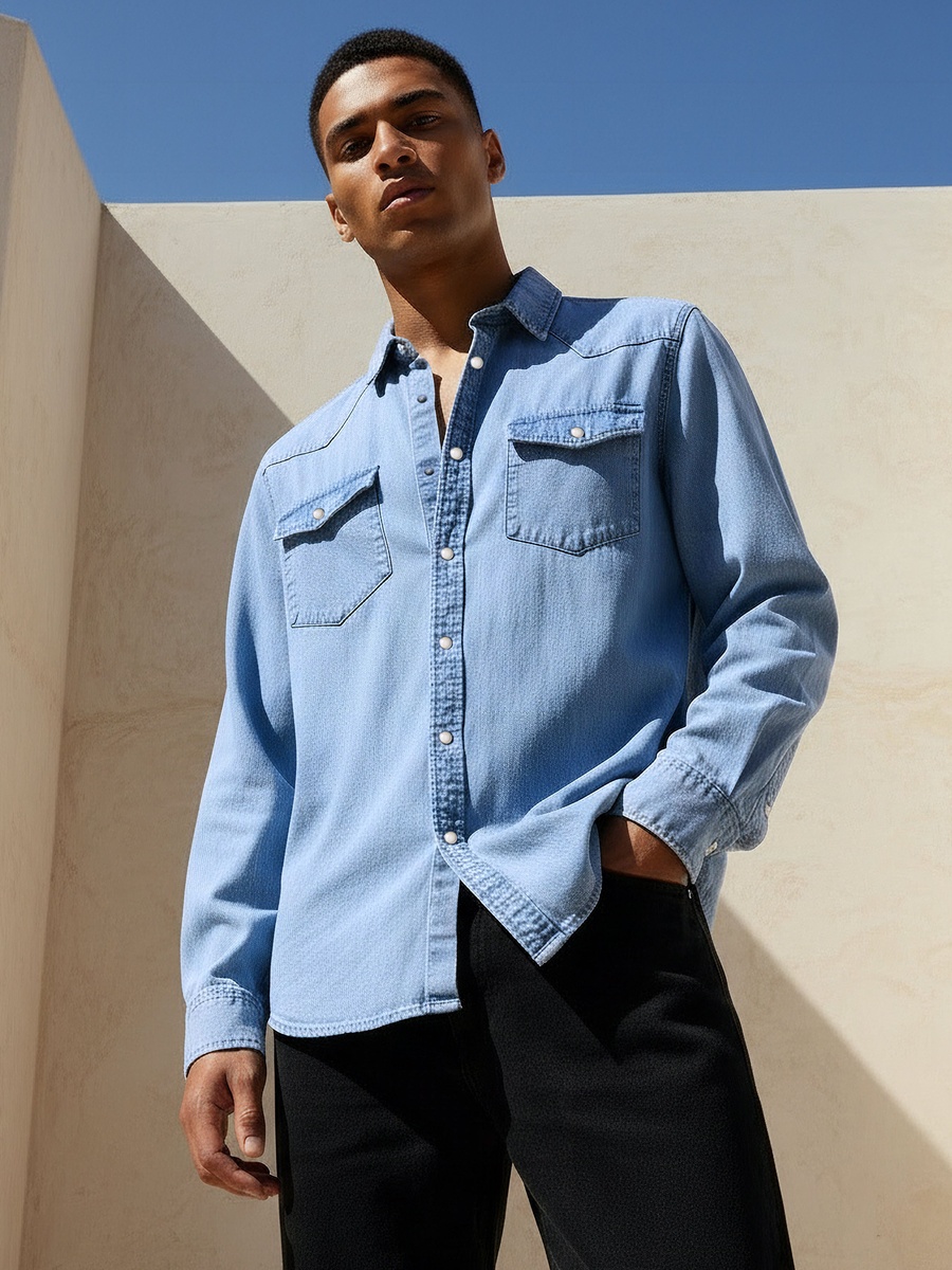Men Regular Fit Collared Denim Long Sleeves Shirt