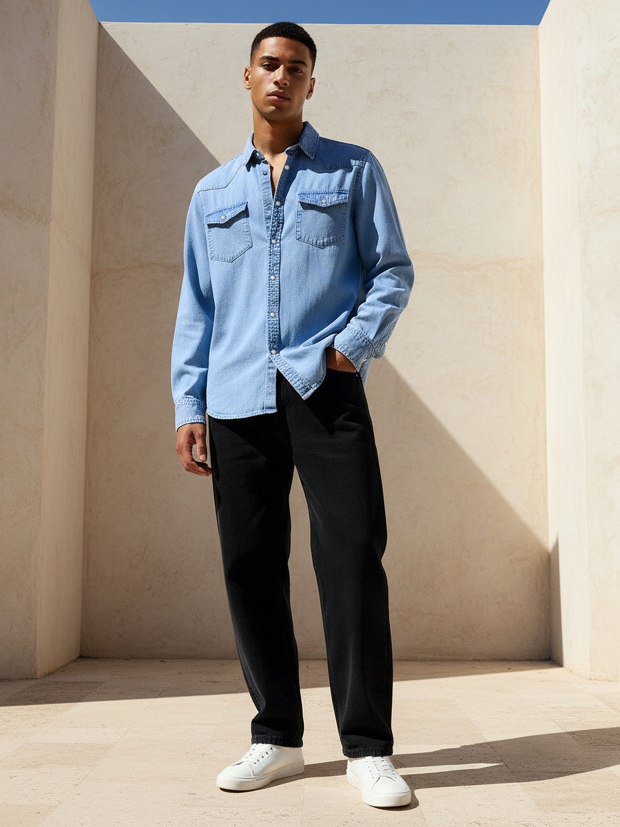 Men Regular Fit Collared Denim Long Sleeves Shirt
