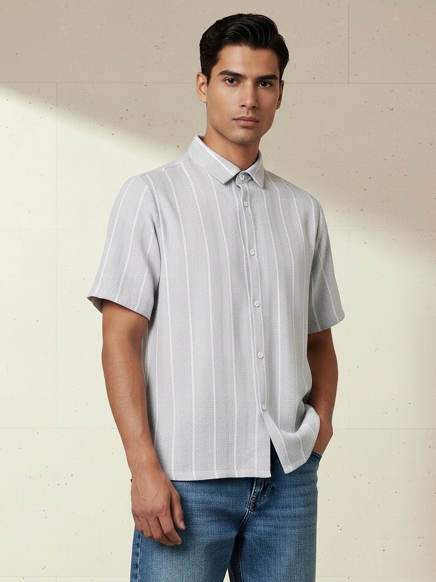 Men Regular Fit Collared Striped Short Sleeves Linen Blend Shirt