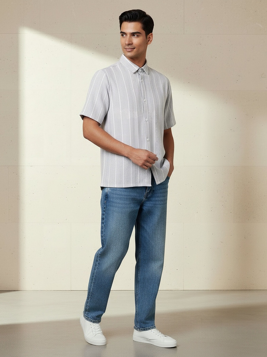 Men Regular Fit Collared Striped Short Sleeves Linen Blend Shirt