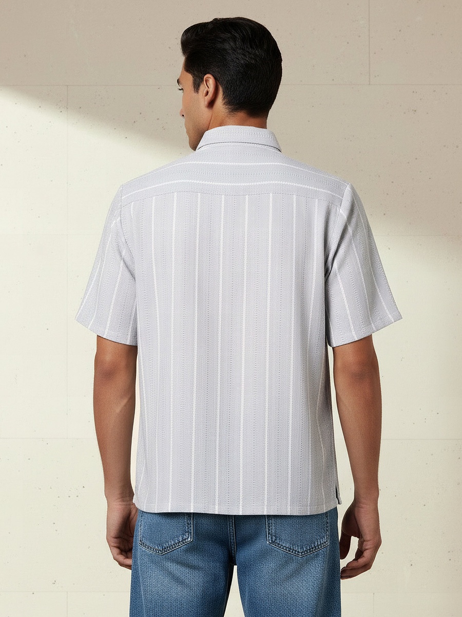 Men Regular Fit Collared Striped Short Sleeves Linen Blend Shirt