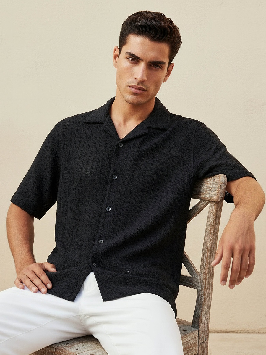 Men Regular Fit Camp Collar Textured Short Sleeves Shirt
