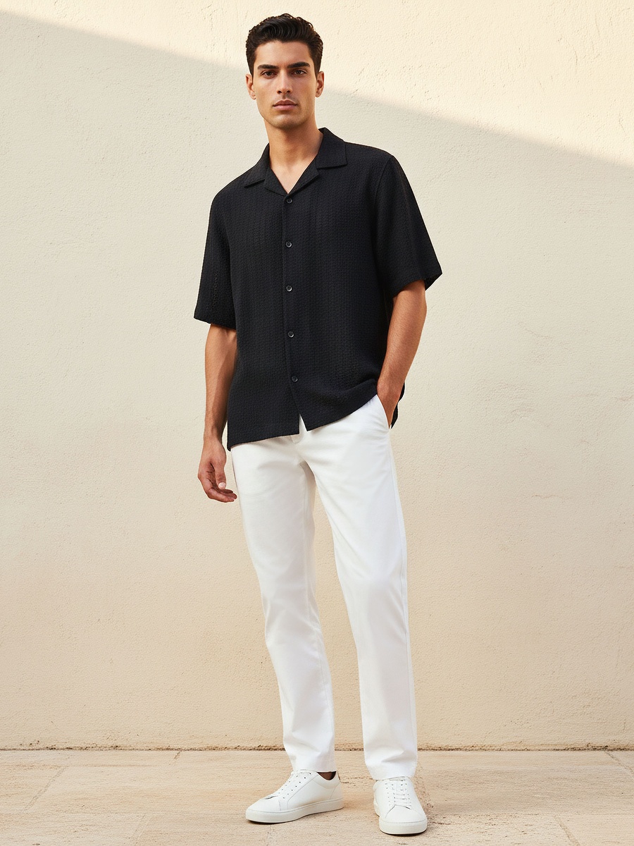 Men Regular Fit Camp Collar Textured Short Sleeves Shirt