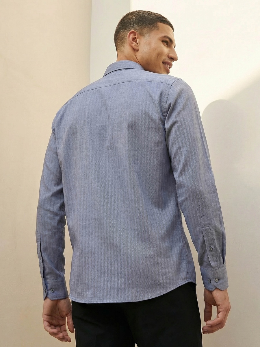 Men Regular Fit Collared Striped Long Sleeve Shirt