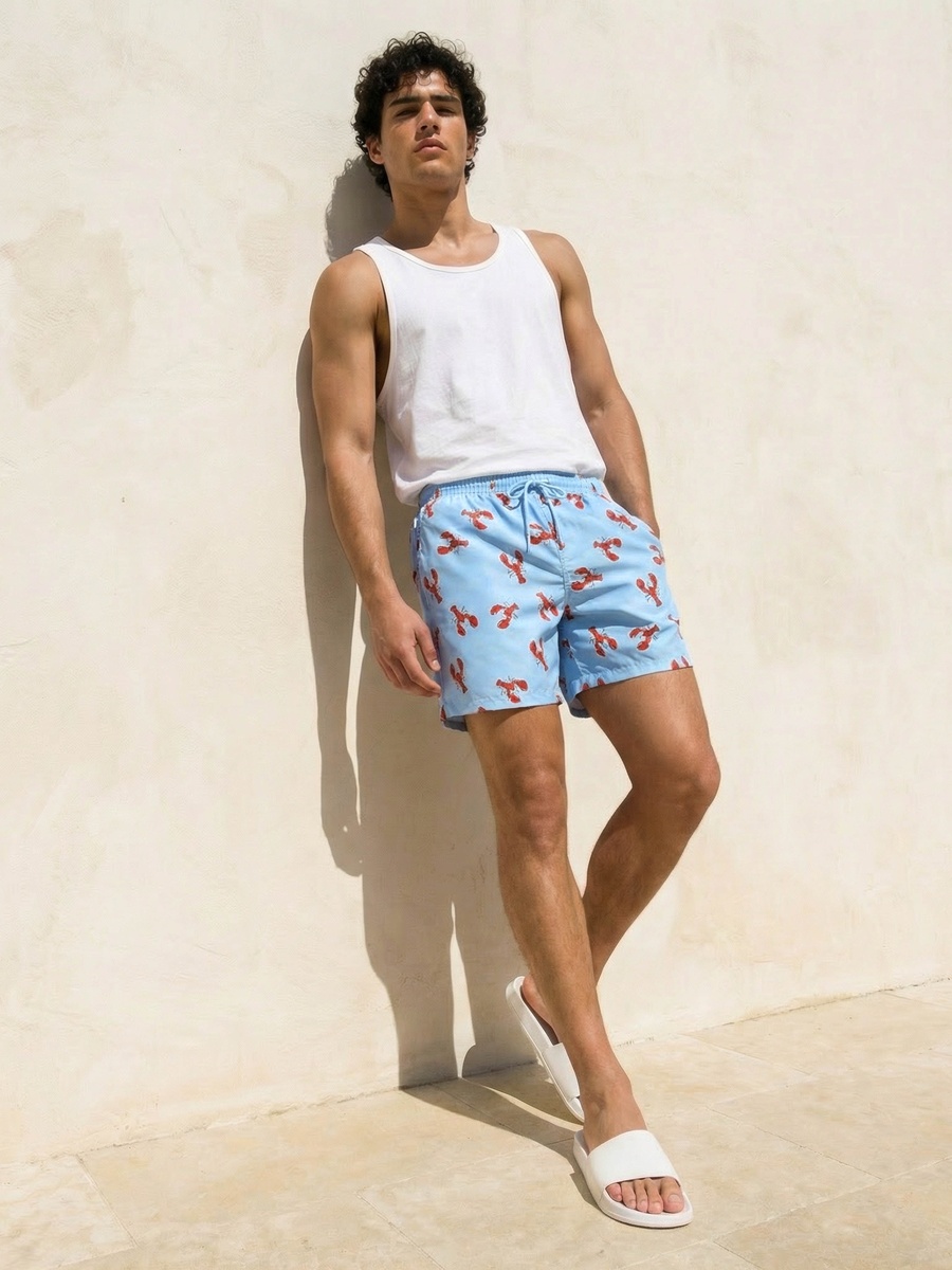 Men Lobster Print Swim Shorts
