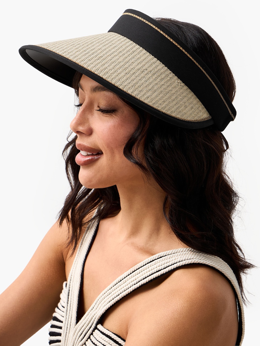 Contrast Straw Visor Cap with Buckled Strap