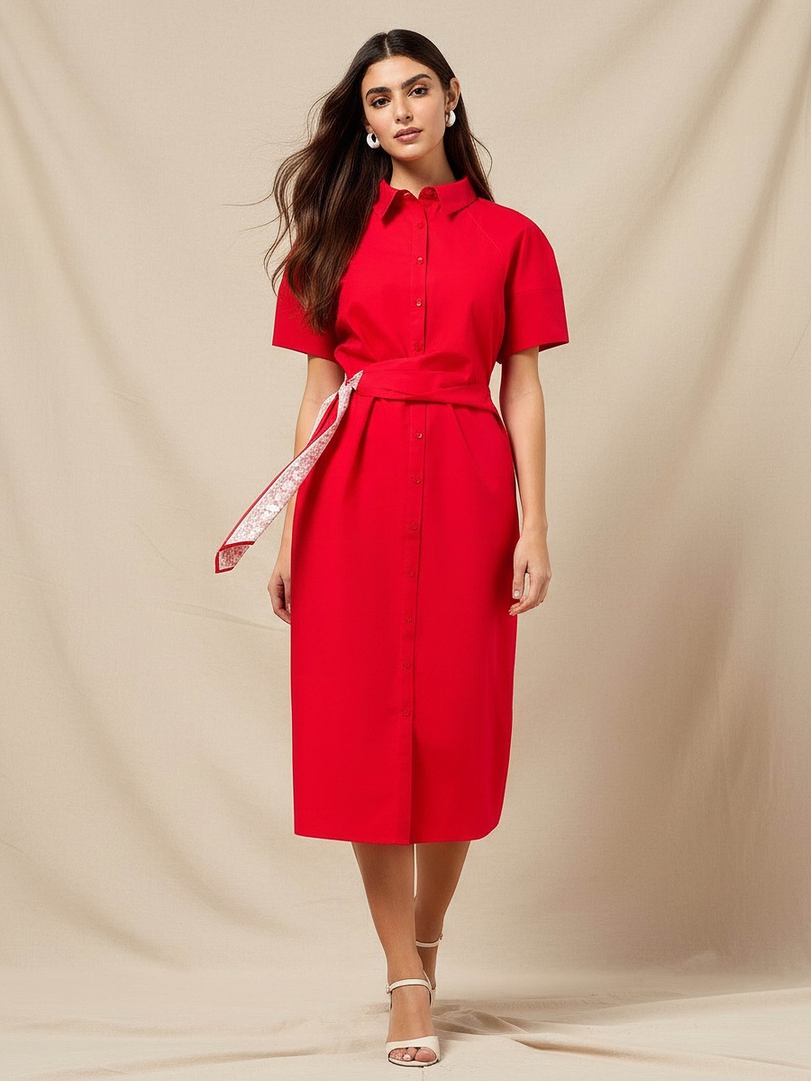 Cotton Shirt Style Dress with Scarf Detail