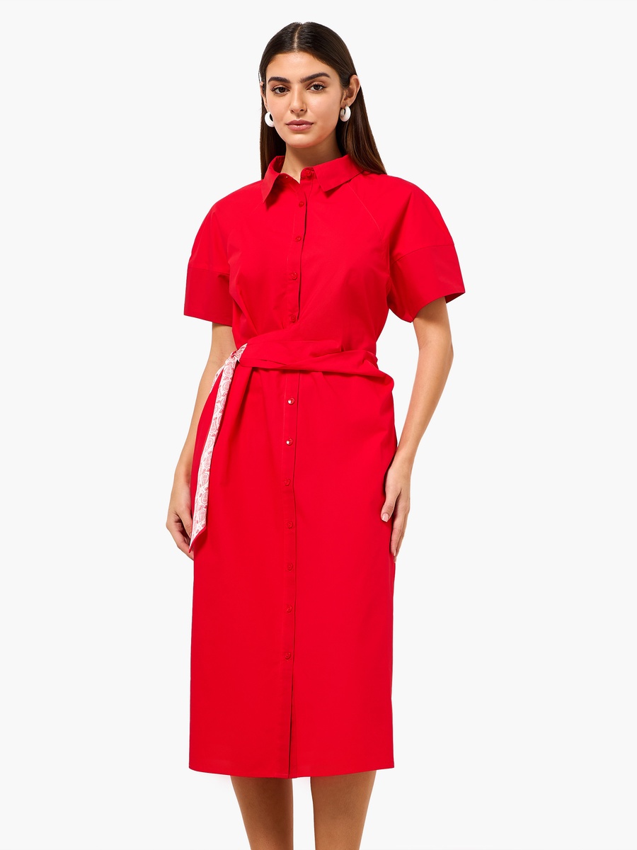 Cotton Shirt Style Dress with Scarf Detail