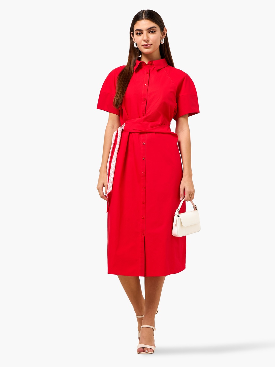 Cotton Shirt Style Dress with Scarf Detail