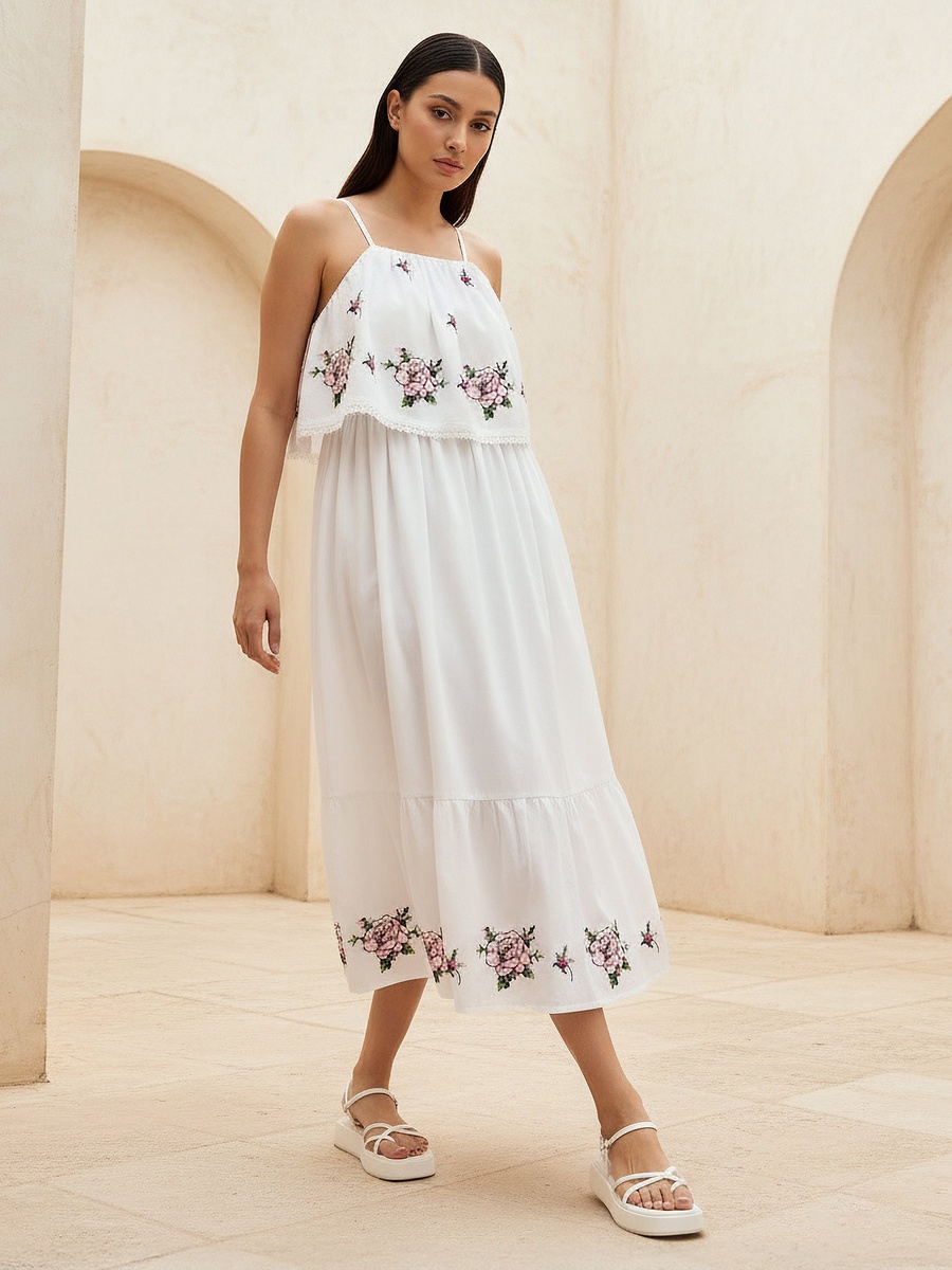 A-Line Strappy Cotton Dress with Floral Embroidery