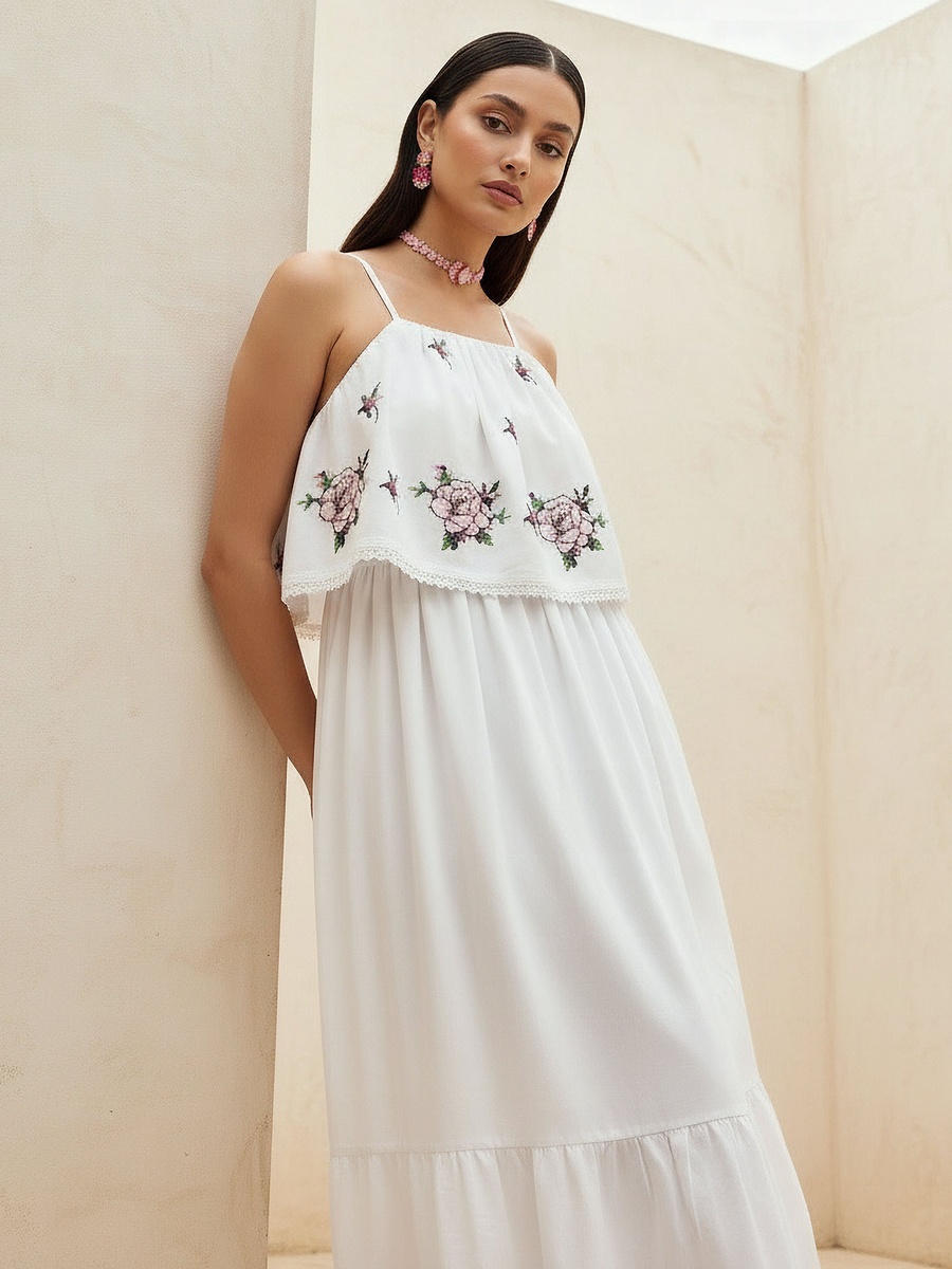 A-Line Strappy Cotton Dress with Floral Embroidery