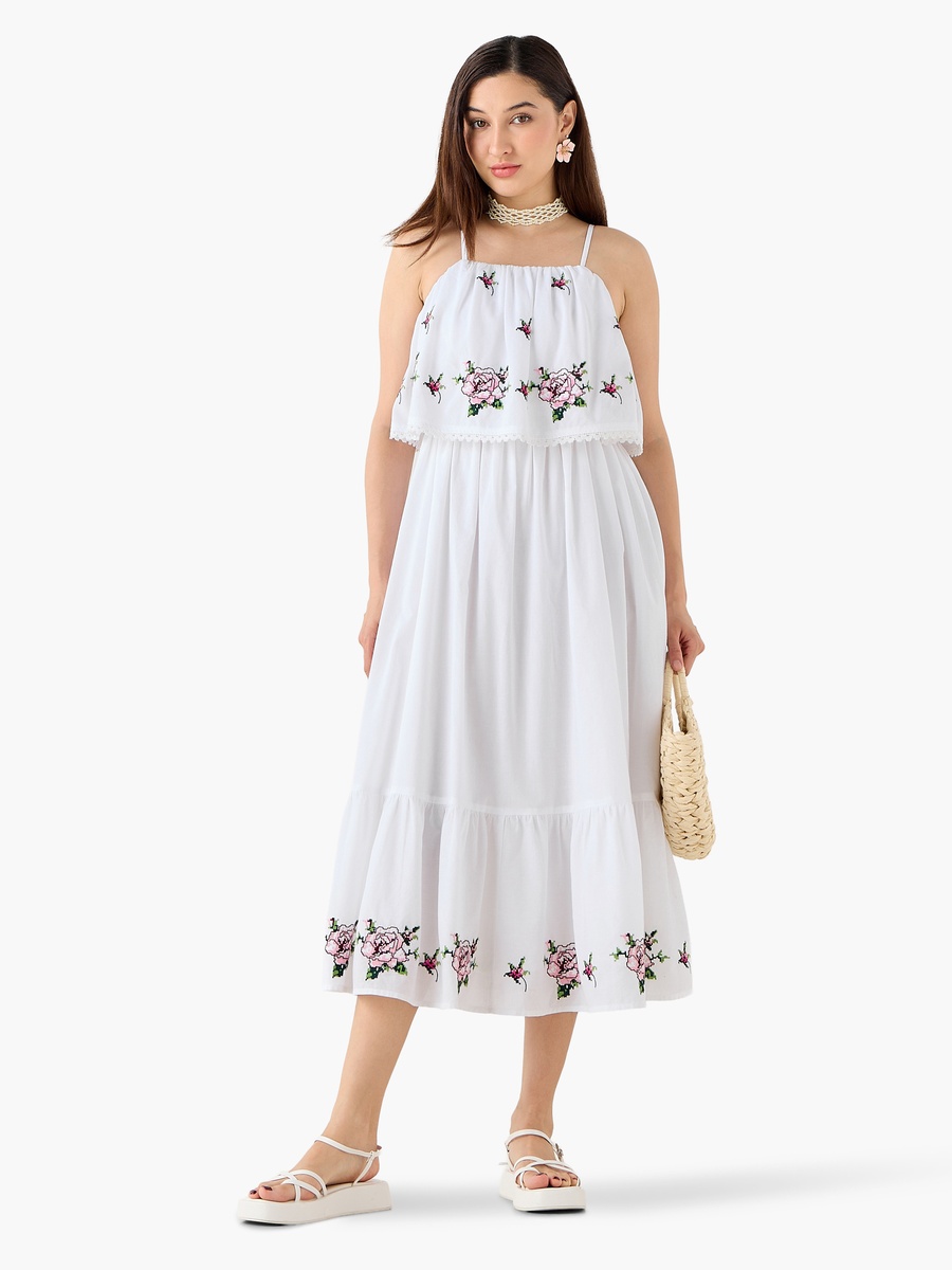 A-Line Strappy Cotton Dress with Floral Embroidery