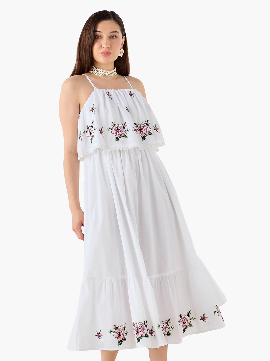 A-Line Strappy Cotton Dress with Floral Embroidery