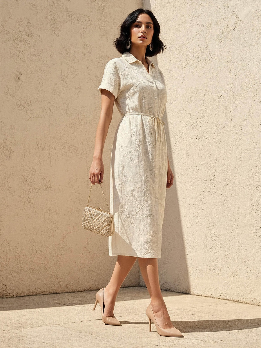Belted Midi Shirt Dress with Embroidered Design