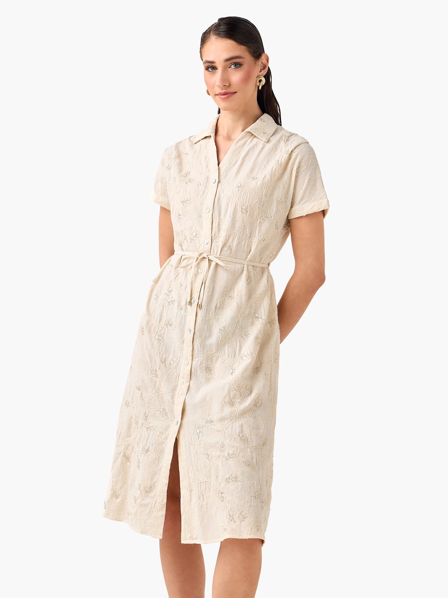 Belted Midi Shirt Dress with Embroidered Design