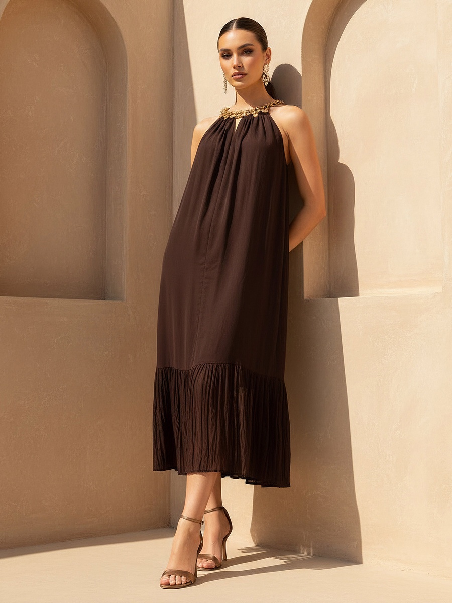 strapless open back dress I.H.F Long Pleated Trapeze Dress with Shoulder Cape