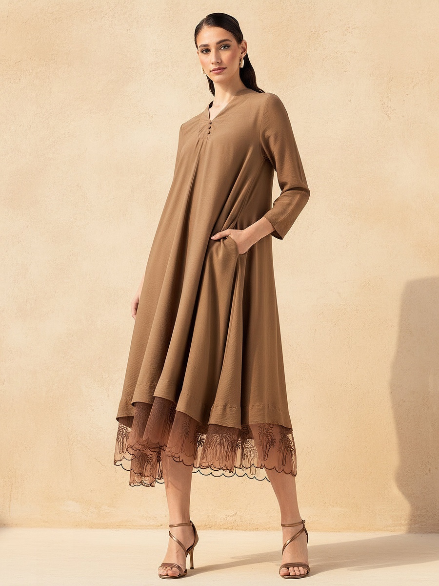 A-Line Midi Dress with V Neck