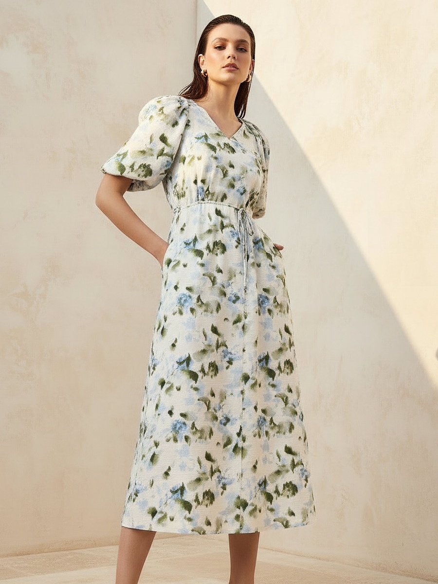 Midi Floral Print Dress with Balloon Sleeves