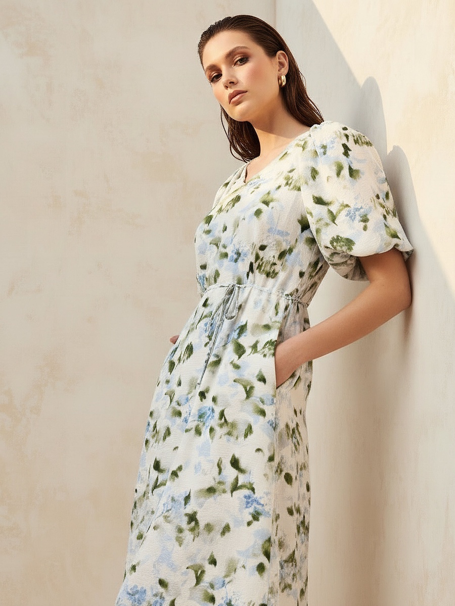 Midi Floral Print Dress with Balloon Sleeves