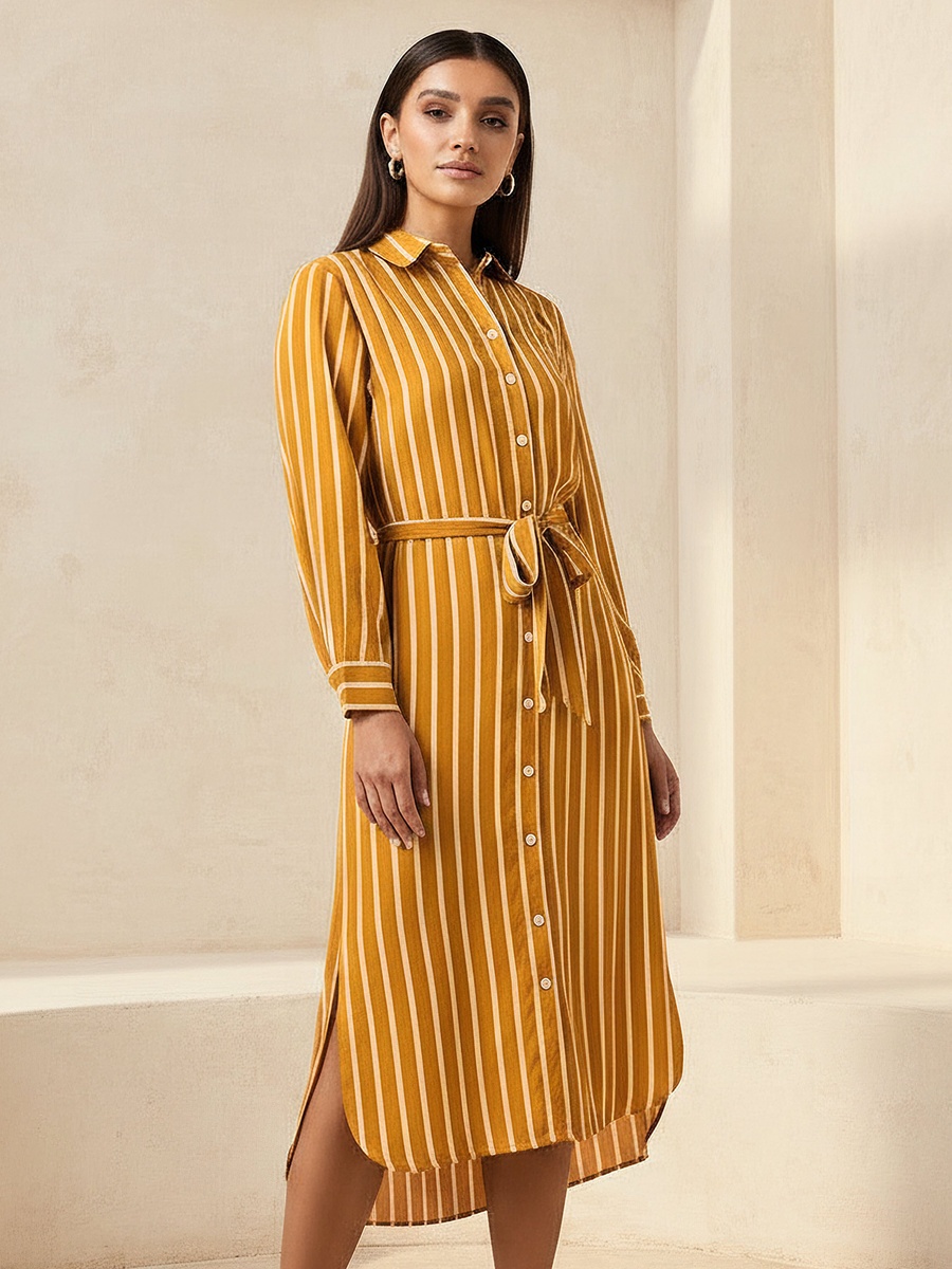 Striped Shirt Dress with Tie-Up Belt