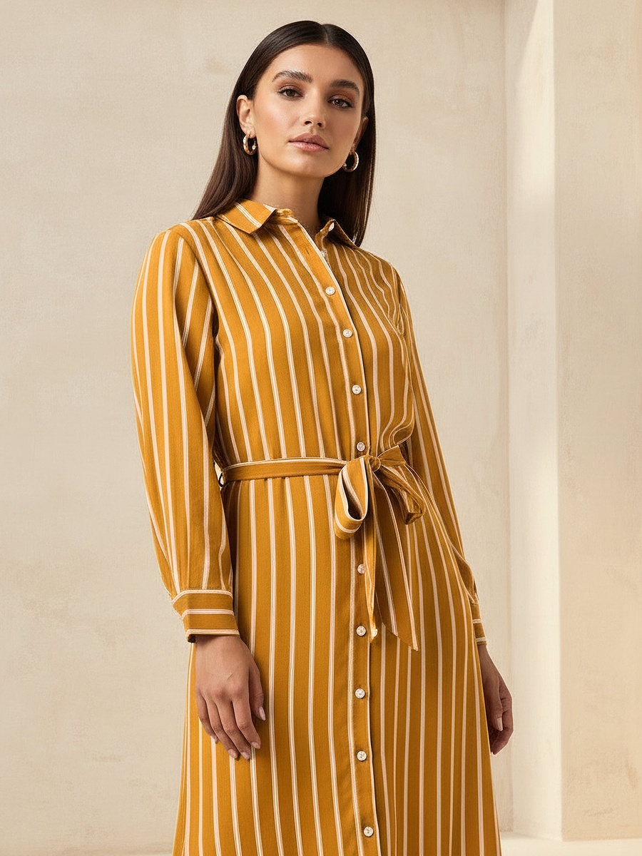Striped Shirt Dress with Tie-Up Belt