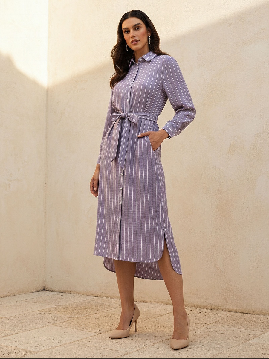 Striped Shirt Dress with Tie-Up Belt