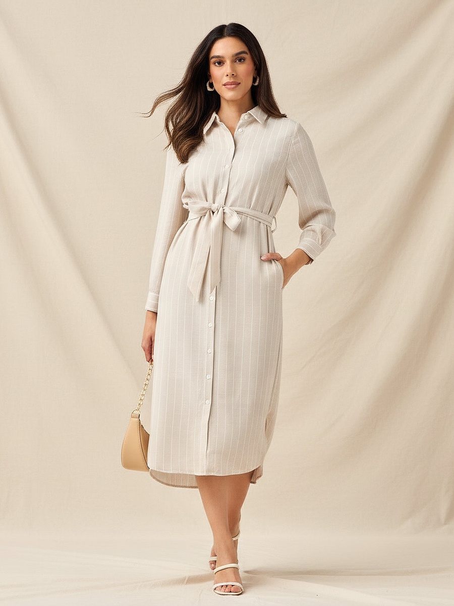 Striped Shirt Dress with Tie-Up Belt