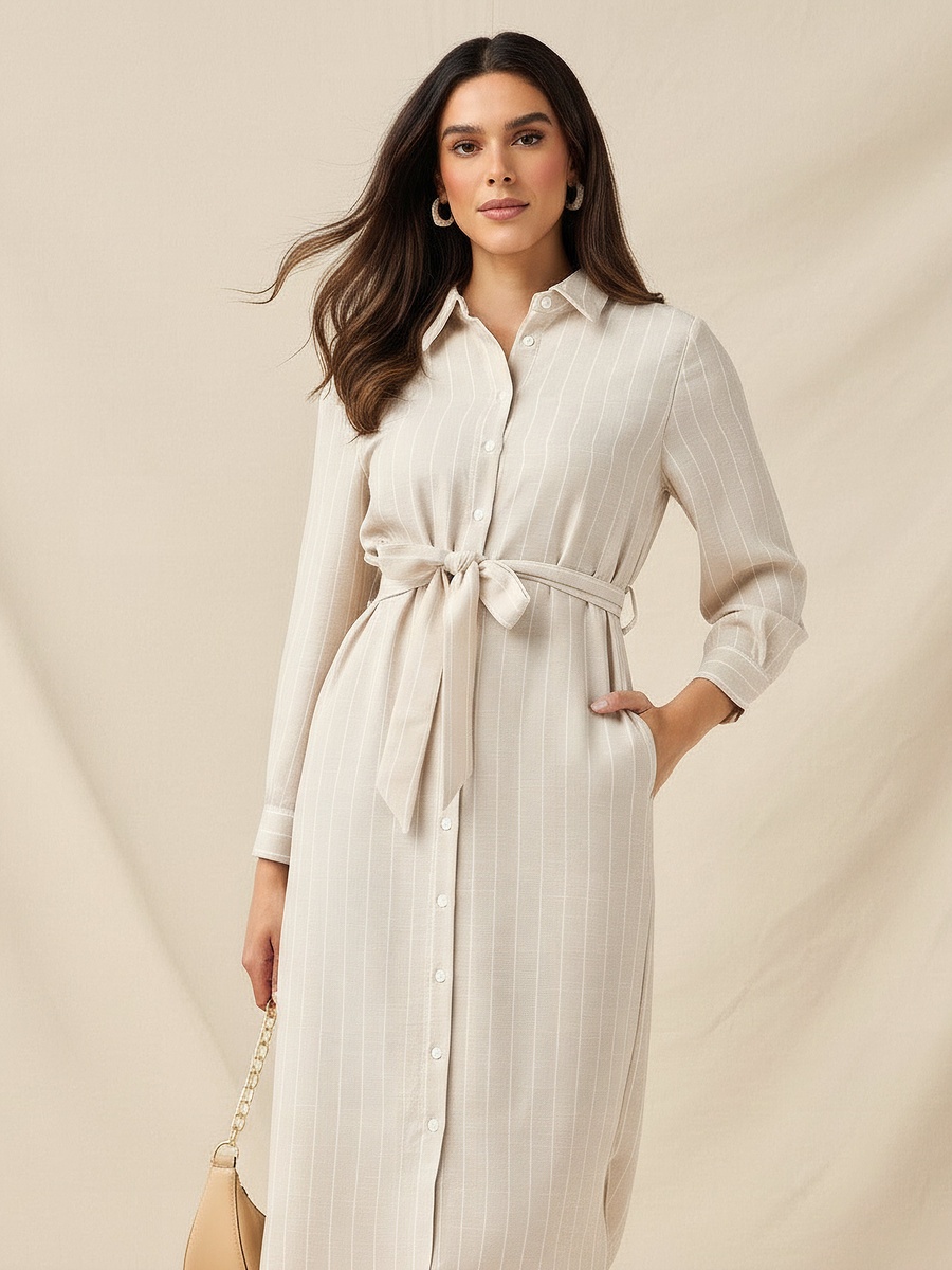 Striped Shirt Dress with Tie-Up Belt
