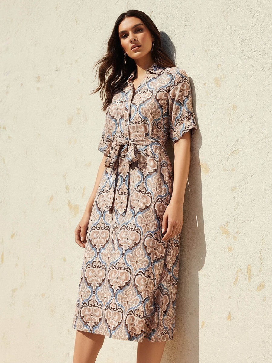 Belted Midi Shirt Dress with Printed Design