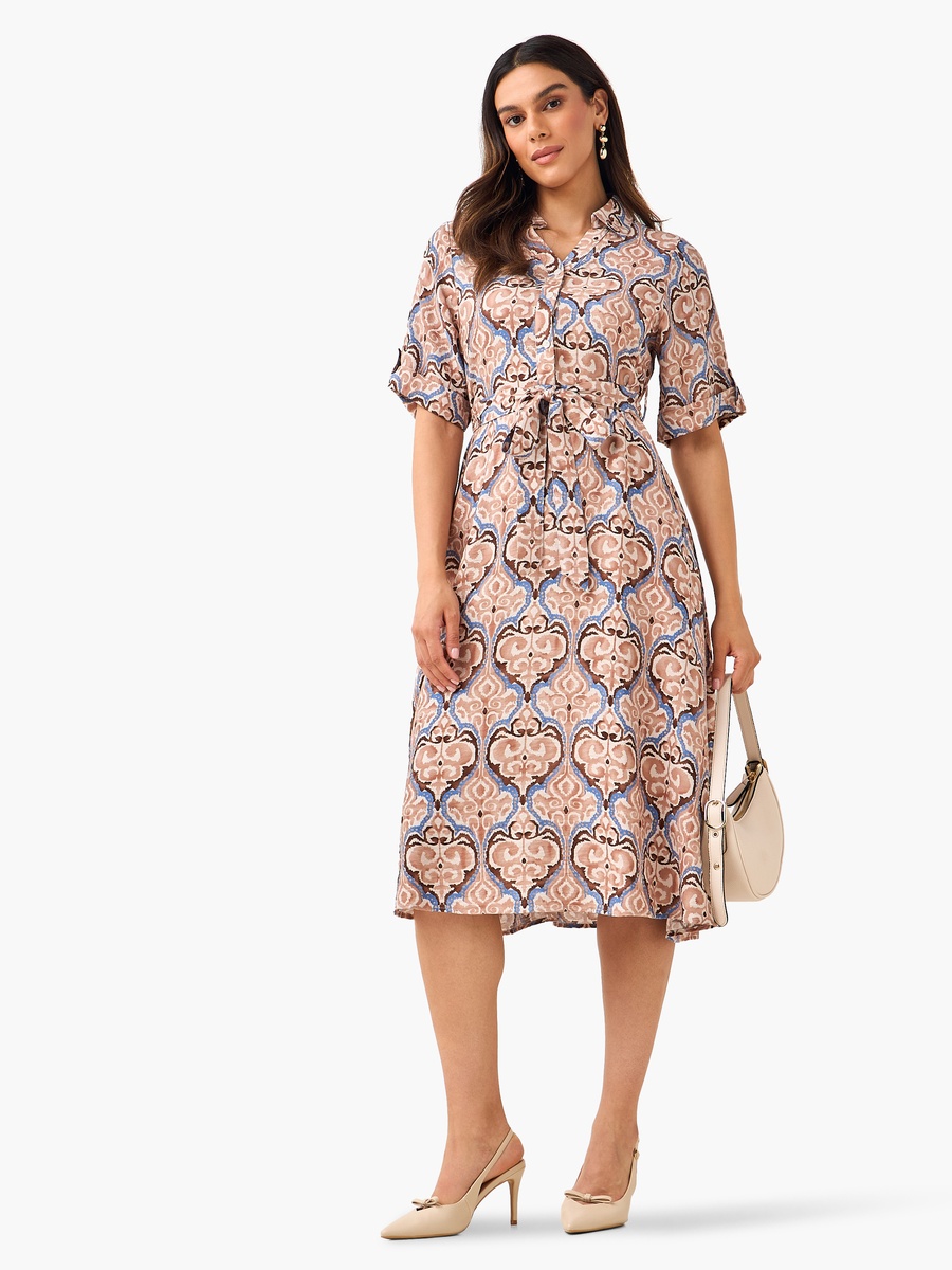 Belted Midi Shirt Dress with Printed Design