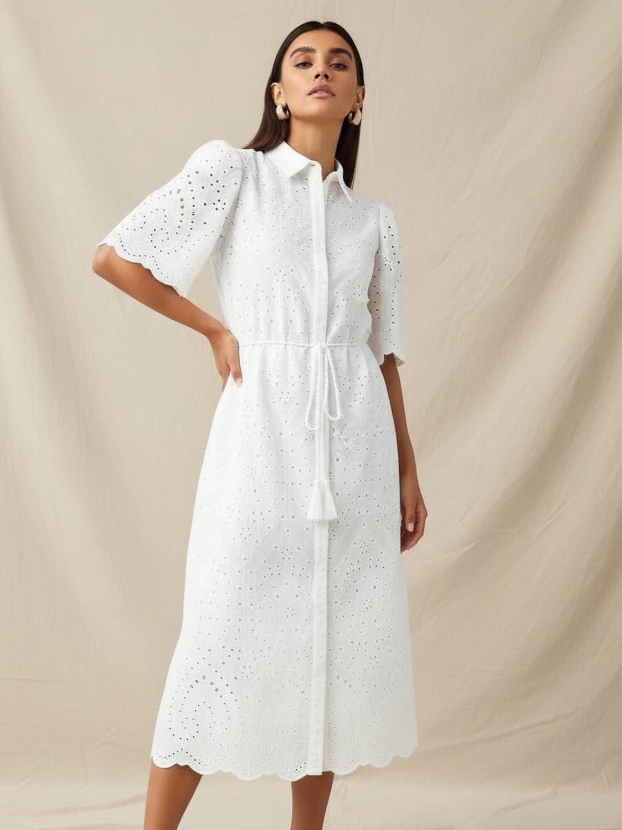 Schiffili Embroidered  Cotton Shirt Dress with Tie-Up Belt
