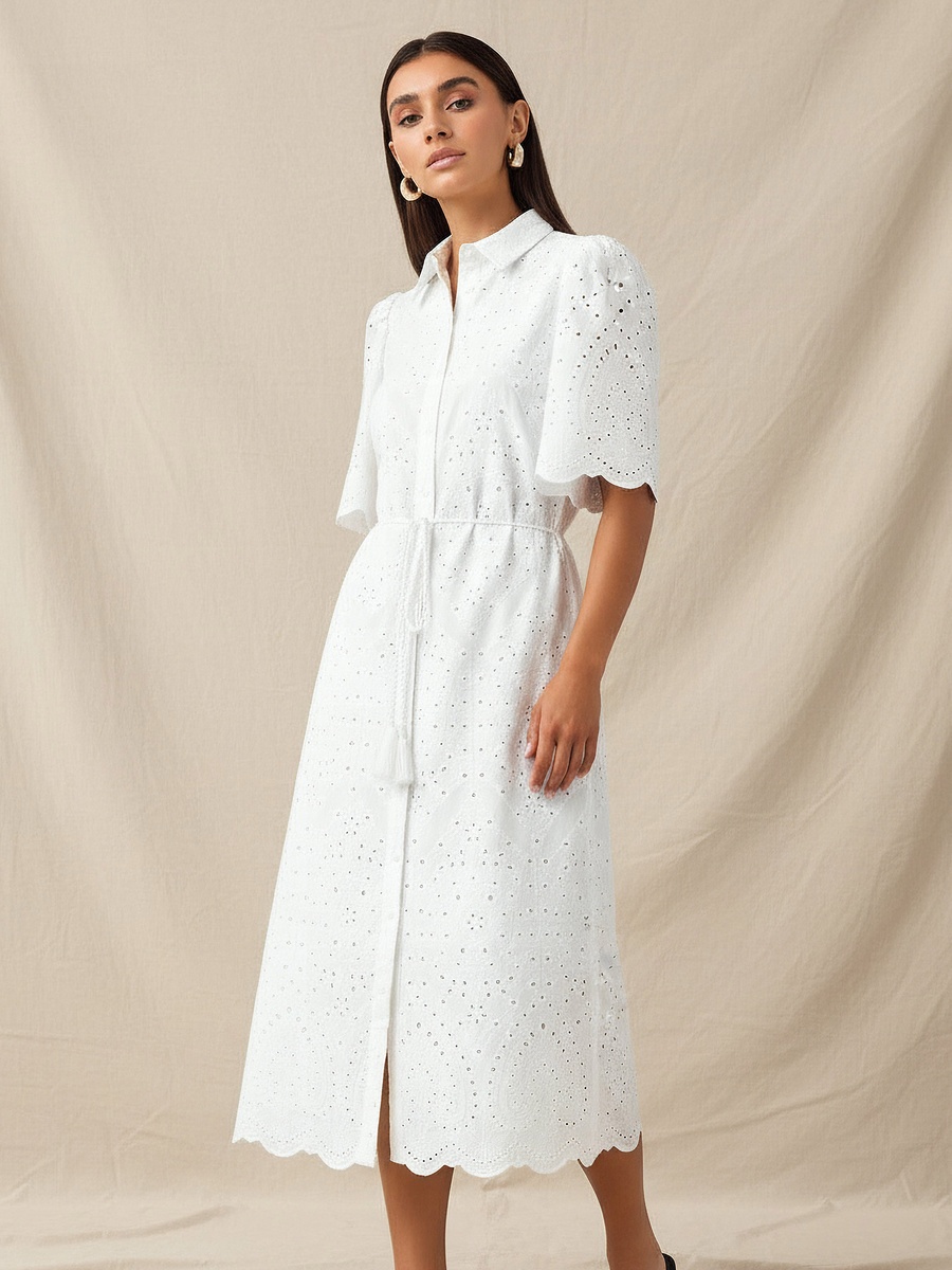 Schiffili Embroidered  Cotton Shirt Dress with Tie-Up Belt