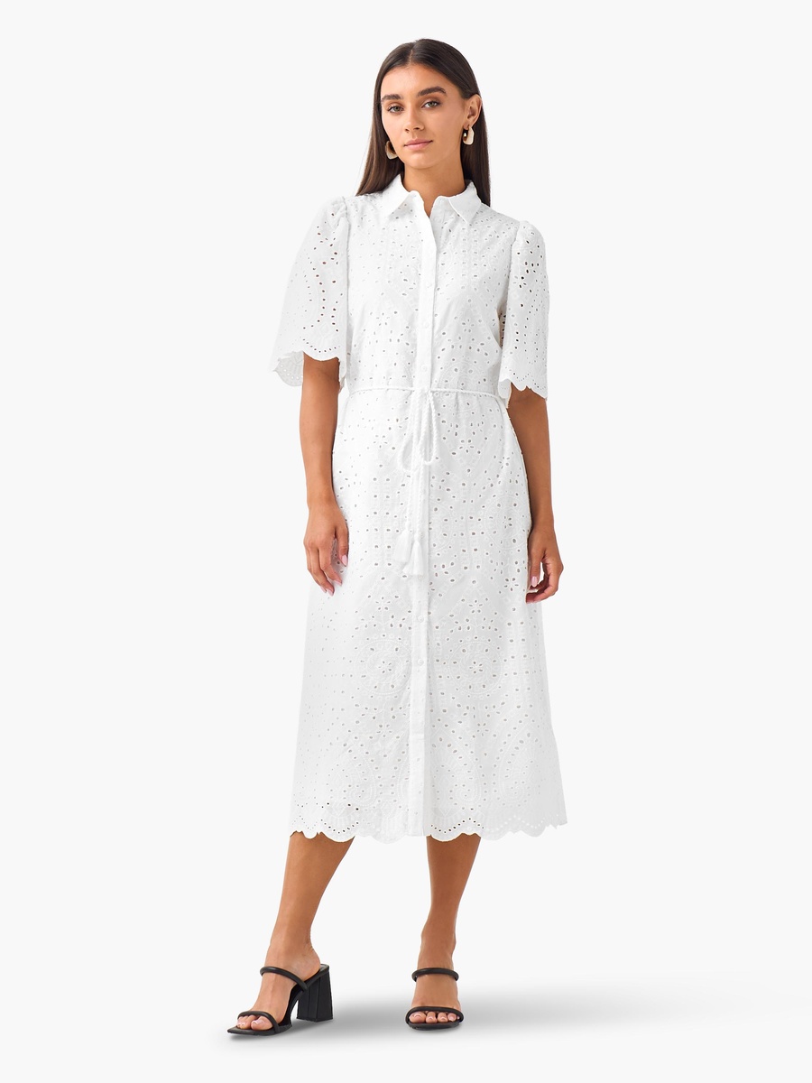 Schiffili Embroidered  Cotton Shirt Dress with Tie-Up Belt