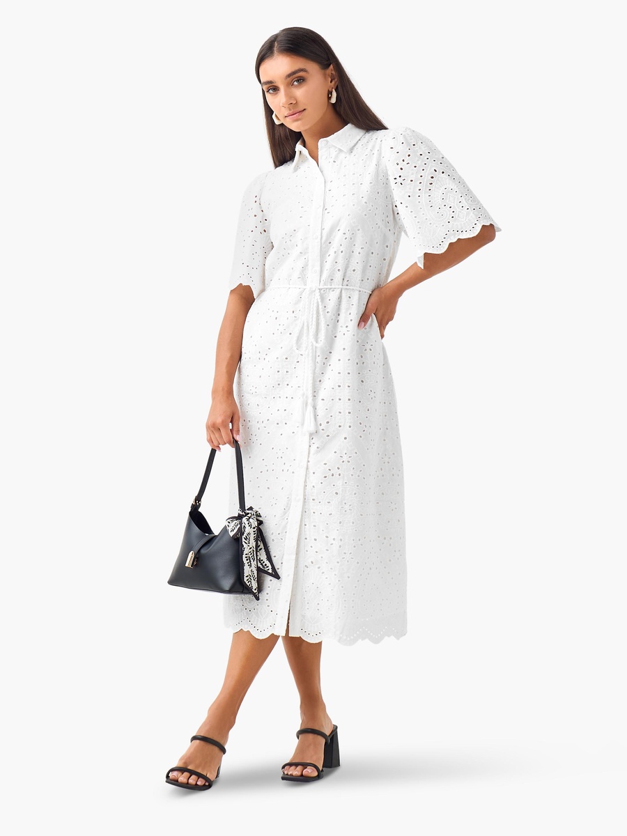 Schiffili Embroidered  Cotton Shirt Dress with Tie-Up Belt